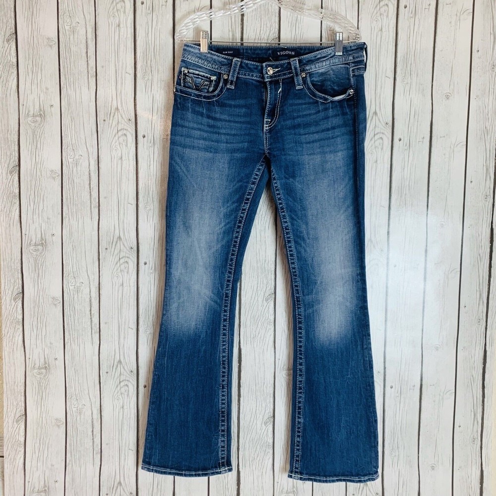 Womens Vigoss Slim Boot Cut Medium Wash Embroidered Bling Blue Jeans W 30 L 32
